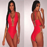 Sexy Solid Color Lace One-piece Bikini-Red-5