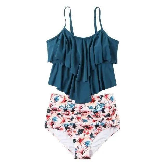 Sexy Split Floral Ruffled Swimsuit Women Bikini-Blue-5