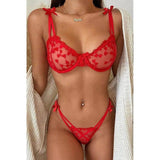 Tulle Lace Lingerie Female Suspenders Hollow Thong-Red-3