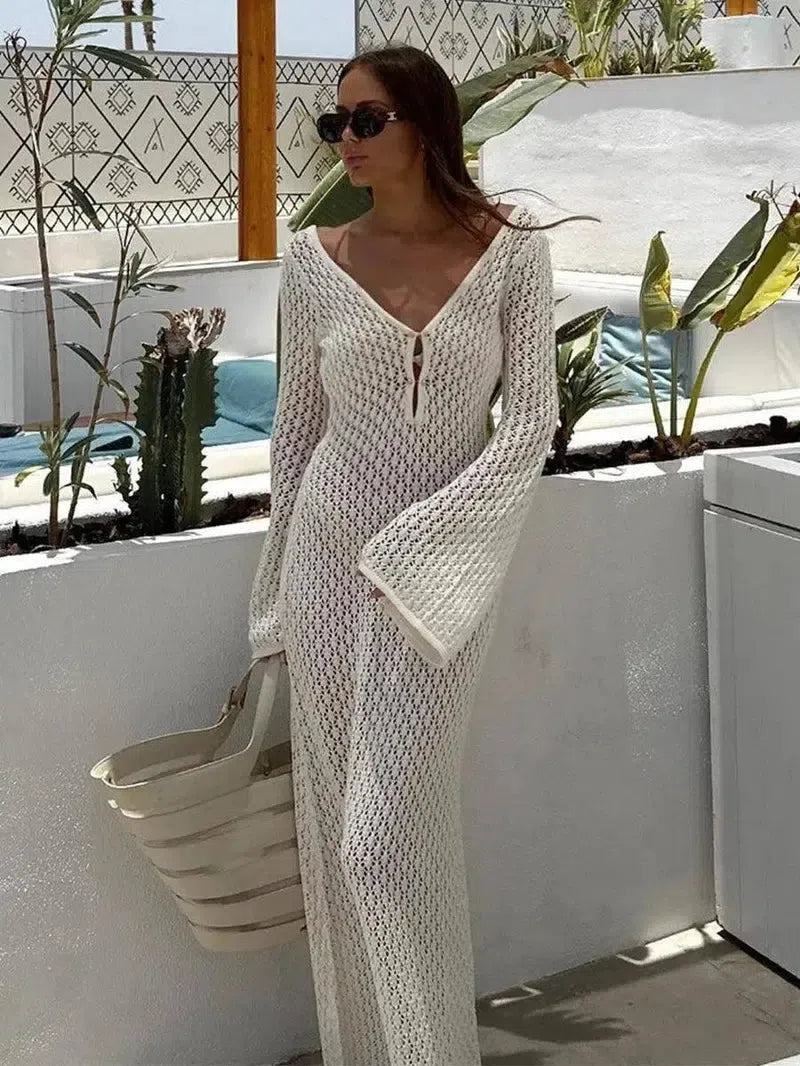 Women White Long Knit Sleeve Bikin Fashion Cover up-1