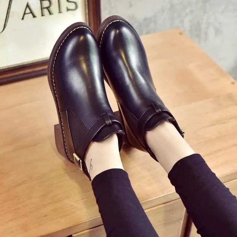 Simple Thick Heel Mid-heel Martin Boots Female Round Toe-Black-2