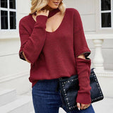 Sleeve Zipper Solid Color And V-neck Halter Sweater For-Wine Red-10