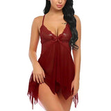 Sling Sexy Lingerie Lace Side Deep V Sexy Pajamas-Red-3