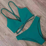 Solid Color Bikini Strappy Swimsuit-Darkgreen-12