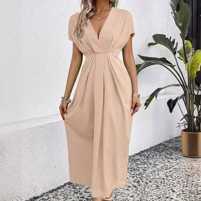 Solid Color Deep V Shoulder Sleeve Folding Elastic Waist-5