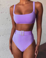 Solid color high waist sexy imitation diamond bikini-Purple-4