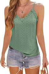 Solid Color Hollow Lace Strappy T-shirt-Light Green-3