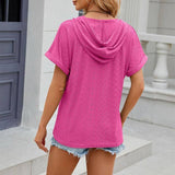 Solid Color Hooded Button T-shirt Loose Hollow Design-3