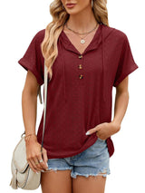 New Solid Color Hooded Button T-shirt Loose Hollow Design Short-sleeved Top For Womens Clothing-Wine Red-5