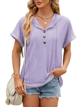 Solid Color Hooded Button T-shirt Loose Hollow Design-Purple-7