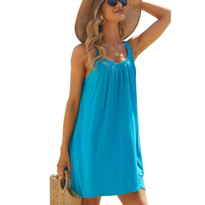 Solid Color Loose Beach Dress Casual Vacation Suspender-Blue-4