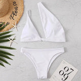 Solid Color One Shoulder Bikini-White-1