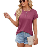 Solid Color Round Neck Button Short Sleeve T-Shirt Summer-Wine Red-7