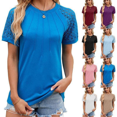 Solid Color Round Neck Top Women's Lace Hollow Design Short Sleeve T-Shirt Summer Womens Clothing-1