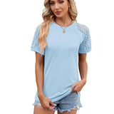 Solid Color Round Neck Top Women's Lace Hollow Design Short Sleeve T-Shirt Summer Womens Clothing-Sky Blue-8