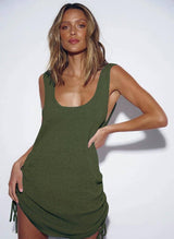 Solid Color Sleeveless Dress With Drawstring Design Fashion-Army Green-10