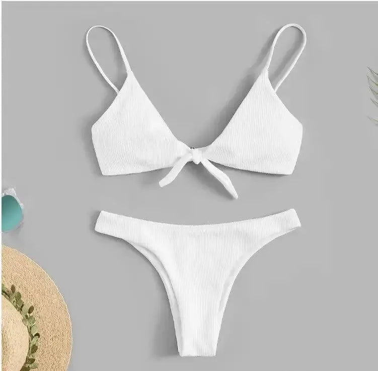 Solid color triangle split bikini-White-3