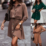 LOVEMI - Solid Color Waist Belt With Buttons And Sleeves Dress