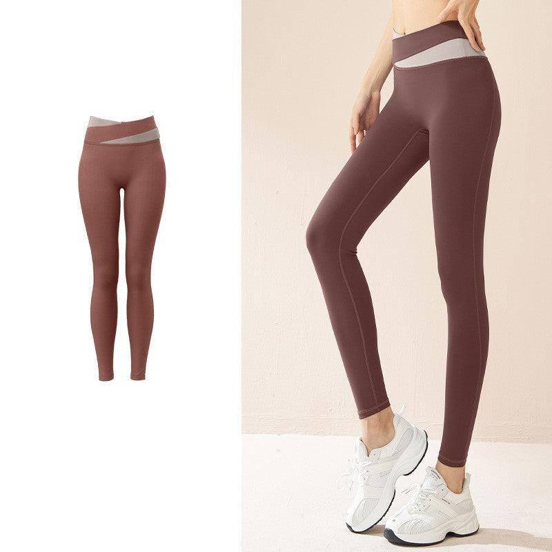 Spliced High Waist Yoga Pants Butt Lift Seamless Leggings-Caramel-9