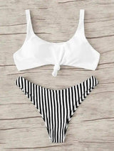 Striped printed bikini split swimsuit-Black-3