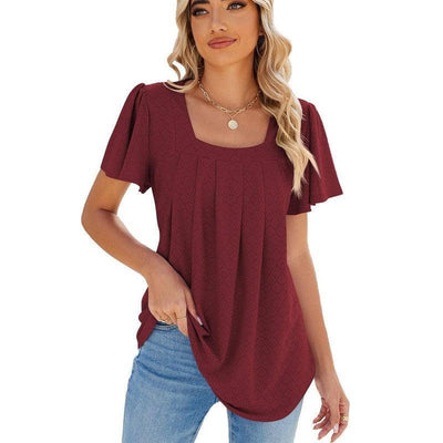 Summer Square Neck Pleated Short-sleeved T-shirt Loose Solid-Wine Red-7