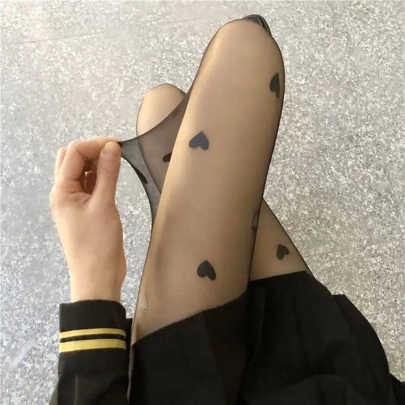 Summer Thin Black Love Print Stockings-Black-1