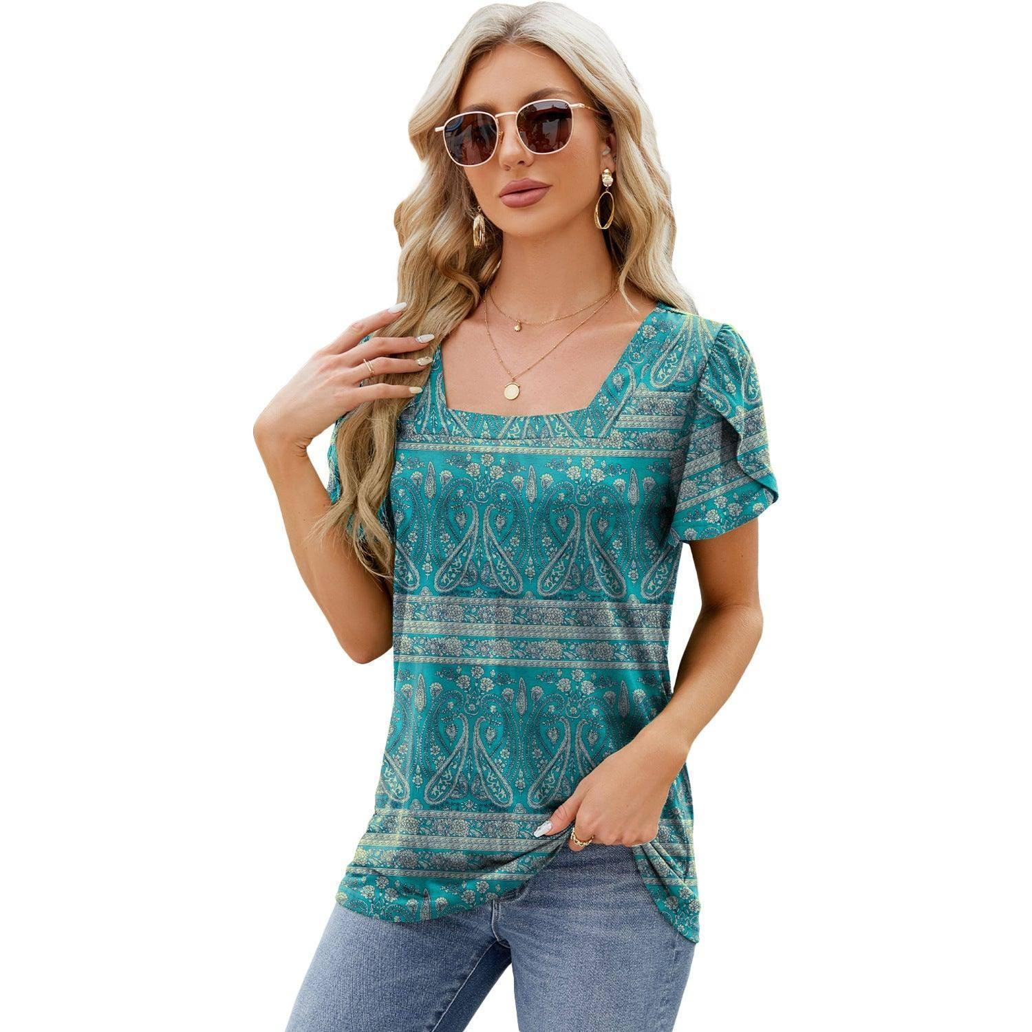 Summer Top Fashion Square Neck Printed Short-sleeved T-shirt-Blue Flower-15