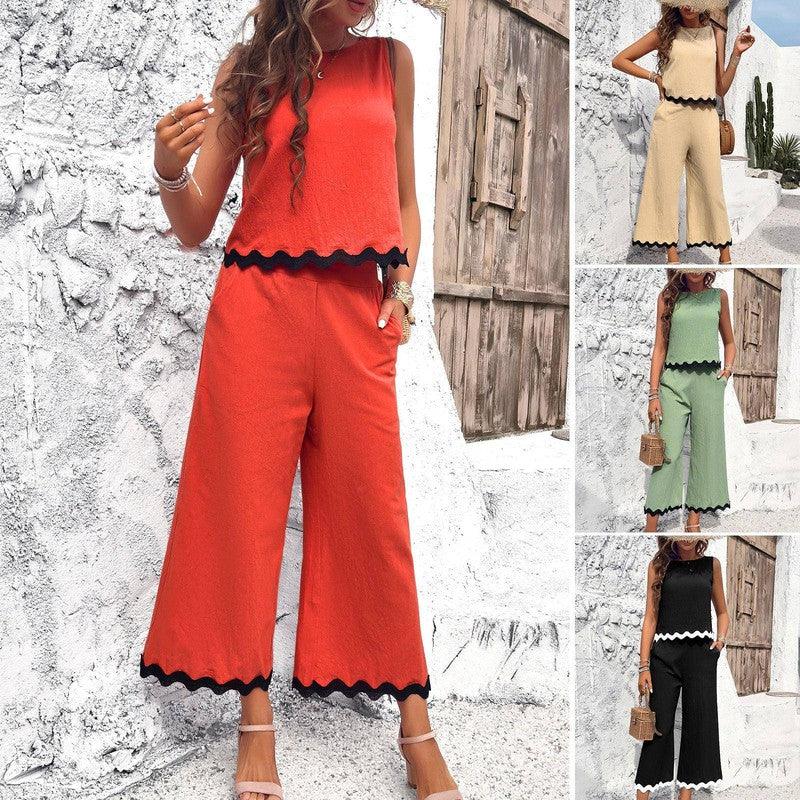 Summer Wave Print Suit Sleeveless Top And Straight Trousers-1