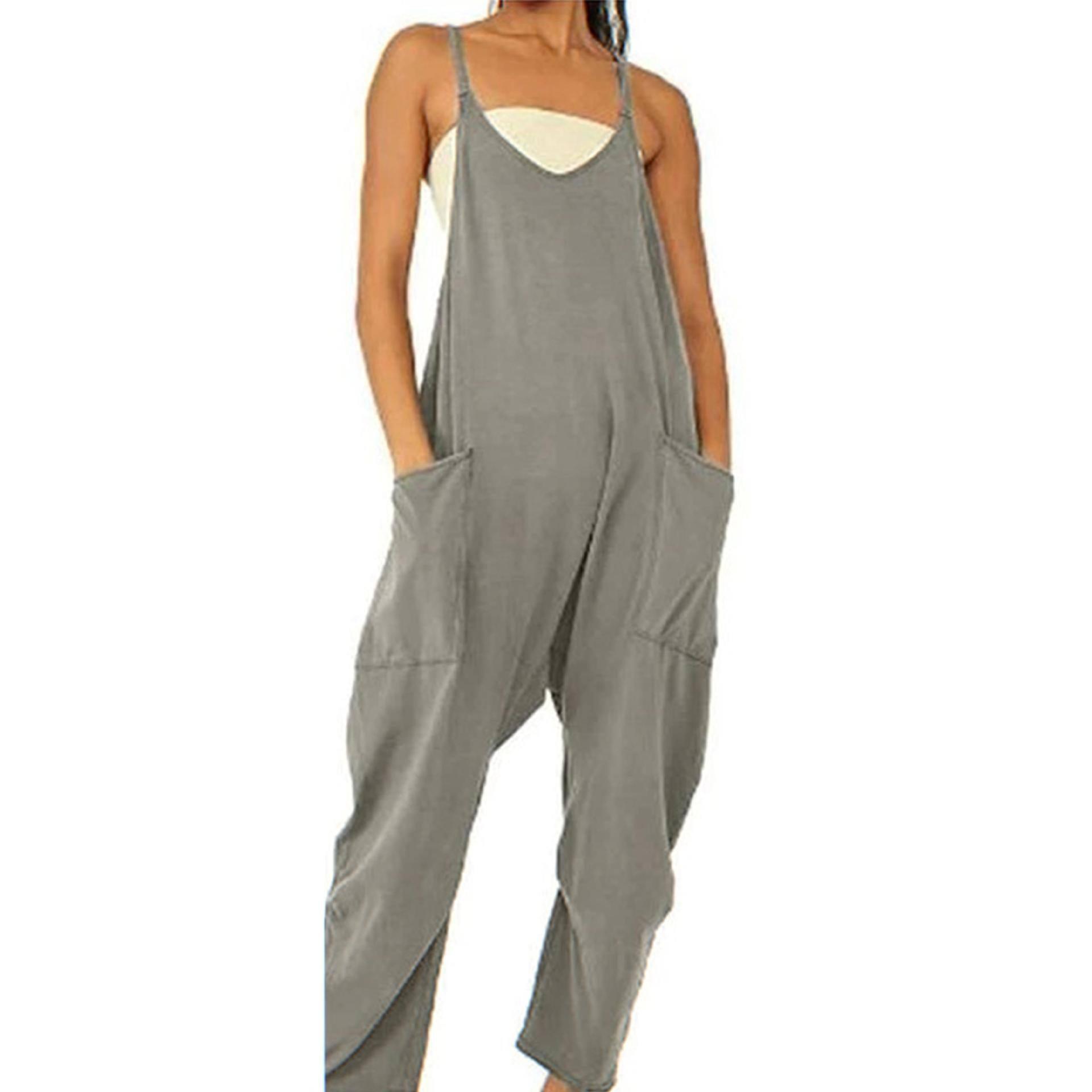 Summer Women's Loose Sleeveless Jumpsuits Spaghetti Strap-Dark gray-6