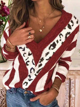 Sweater Striped Inter-Color Irregular Leopard Print Sweater-Red-6