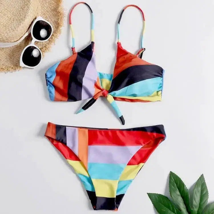 Swimsuit Rainbow Stripe Print Lady Split Swimsuit-2