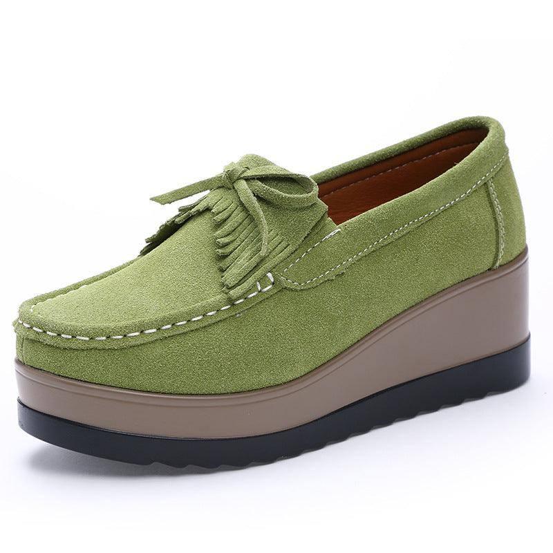 New Tassel Bow Design Shoes For Woman Fashion Thick Bottom Wedges Shoes Casual Slip On Solid Color Flats-Green-9