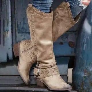 Thick-heeled Lace Belt Buckle Boots Plus Size Women-Brown-3