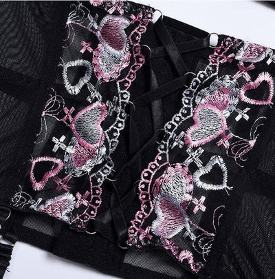 Three Pieces Female Sexy Lingerie Love Embroidery Girdle-6