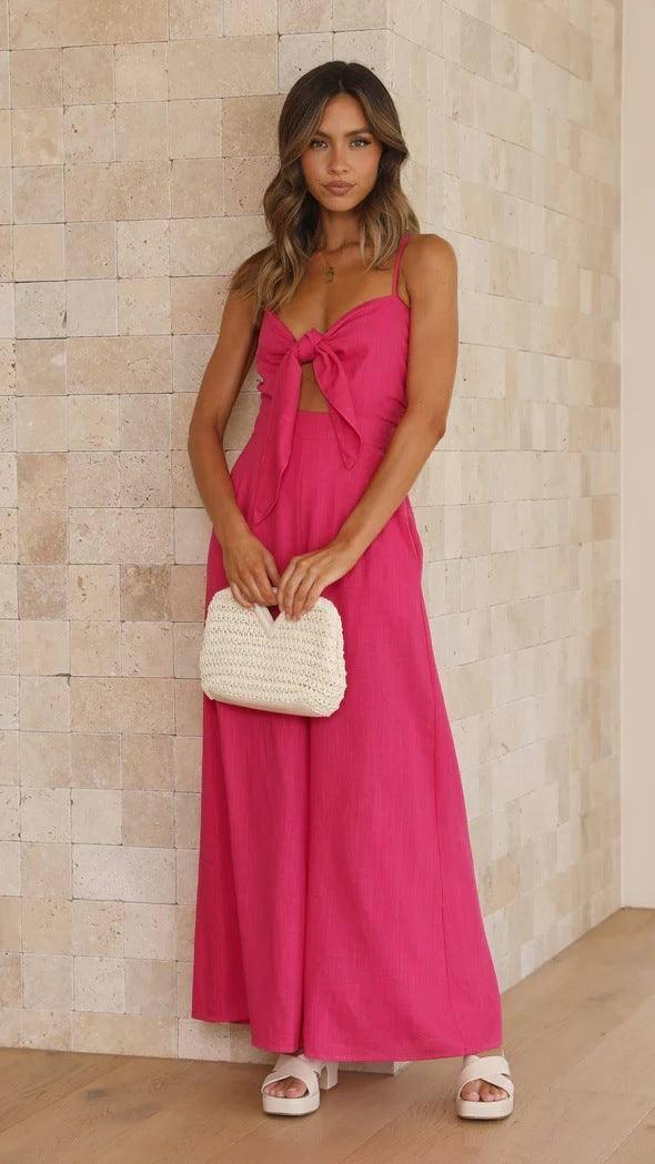 Tied Spaghetti-strap Trendy Jumpsuit-Pink-5