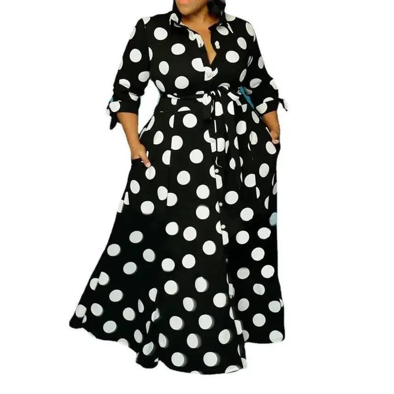 Dress Women Plus Size Loose Long Dress with Lacing Up Dots Bohemian Ladies Shirt Dress Maxi Elegance Wholesale Dropshipping-black-7