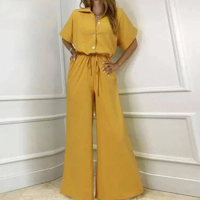 Turnover Collar High Waist Wide Leg Jumpsuit Work Suit-5