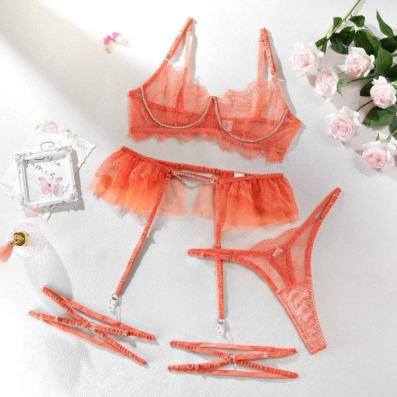 Underwear Lace See-through Push Up Rhinestone Four-piece Set-Orange-4