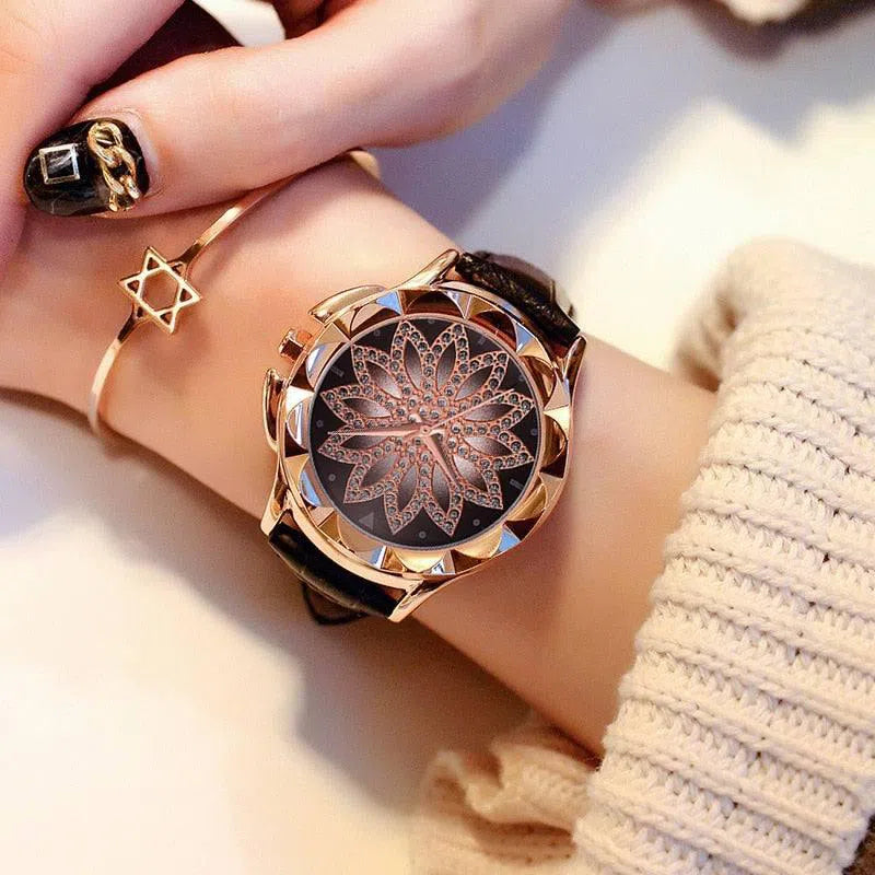 Rhinestone cross ladies belt watch foreign trade explosion models rose gold large dial lucky quartz watch-1