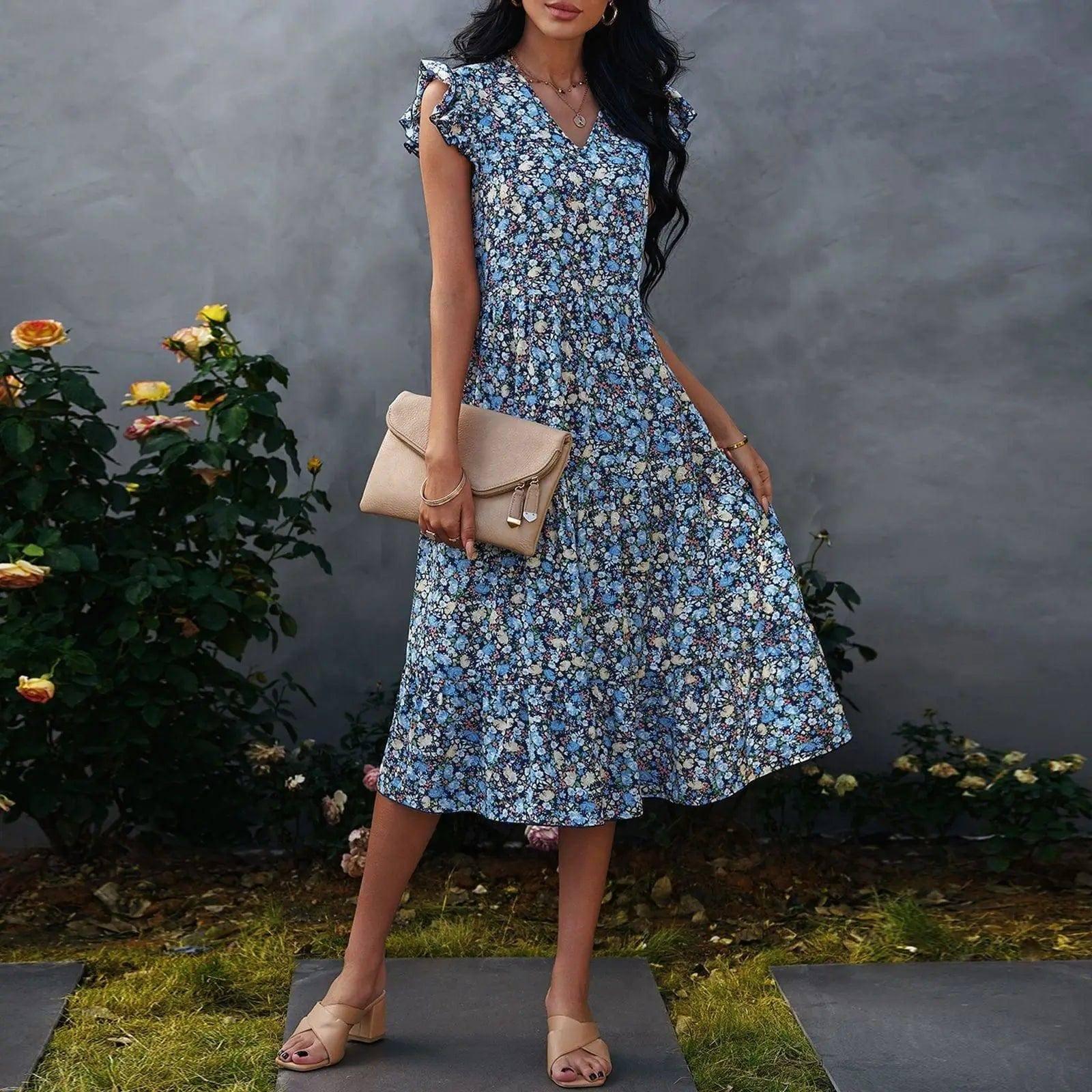 V-neck Fly-sleeve Floral Dress Long Dress-3