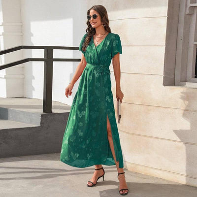 V-neck High Waist Tied Dress Jacquard Split-Green-3