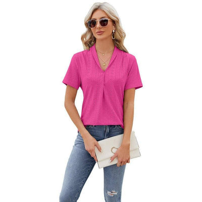 V-neck Hollow Design T-shirt Summer Loose Short-sleeved Top For Womens Clothing-Barbie Pink-3