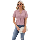 V-neck Hollow Design T-shirt Summer Loose Short-sleeved Top-Dark Pink-5