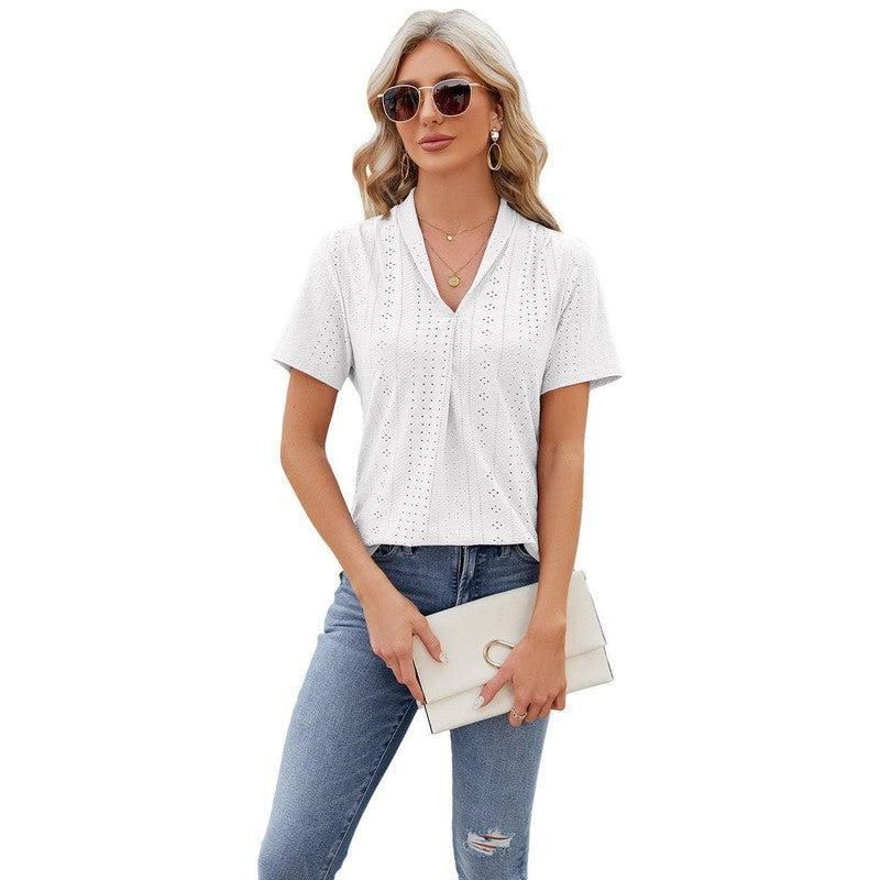 V-neck Hollow Design T-shirt Summer Loose Short-sleeved Top For Womens Clothing-White-6