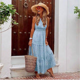 V-neck Lace-trimmed Multicolor Dress Long Skirt-Light Blue-5