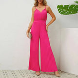 V-neck Suspender Pleated Jumpsuit Solid Color Loose Straight Pants Womens Clothing-Pink-6