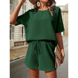 Waffle Suit Women's Bat Sleeve Short-sleeved Crew-neck Top-Green-3