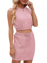 Wave Pattern Design Suit For Women Round Neck Sleeveless Top And Drawstring Design Short Skirt Fashion 2-piece Set Summer Clothing-Pink-5