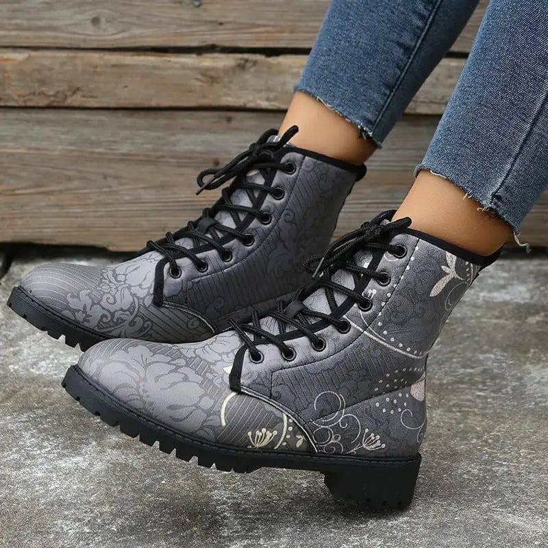 White Flower Print Cowboy Boots Women Round Toe Lace-up-1