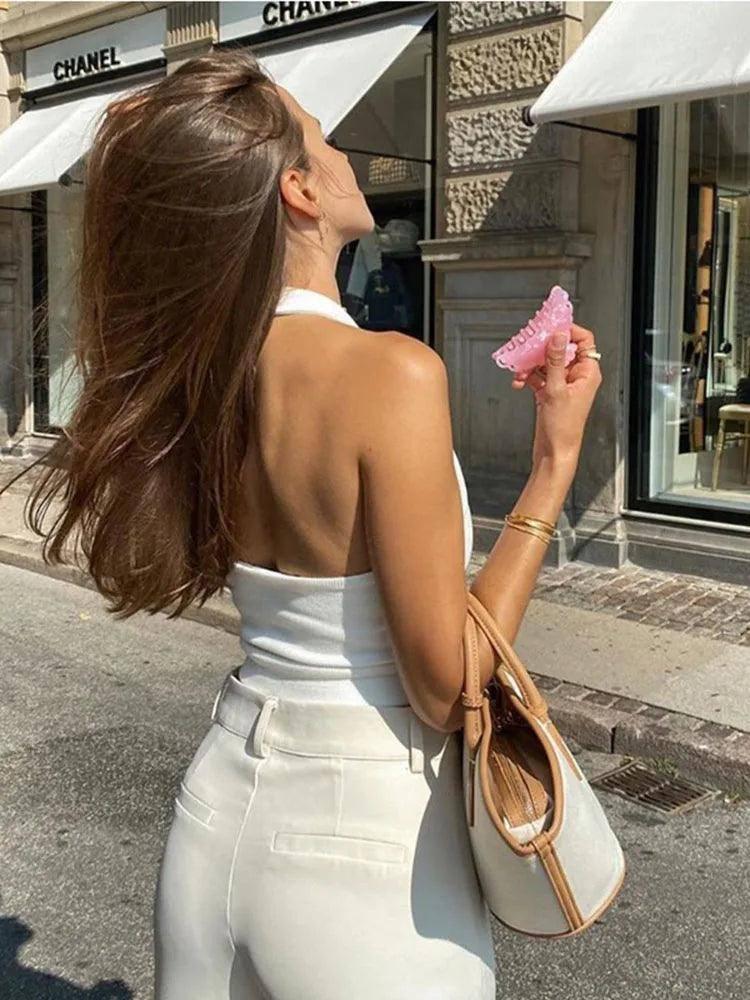 White Halter Backless Tank Tops for Women Streetwear-5